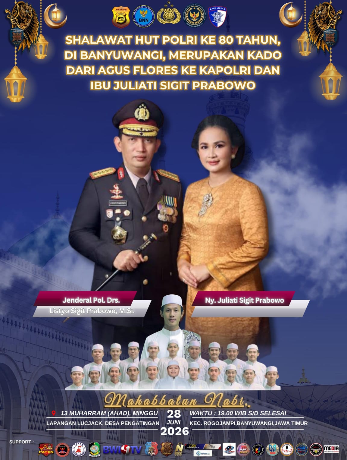 Shalawat Akbar HUT Bhayangkara ke-80 di Banyuwangi Bergema, 14 Jenderal dan Kapolresta Banyuwangi Jadi Simbol Dukungan untuk Polri