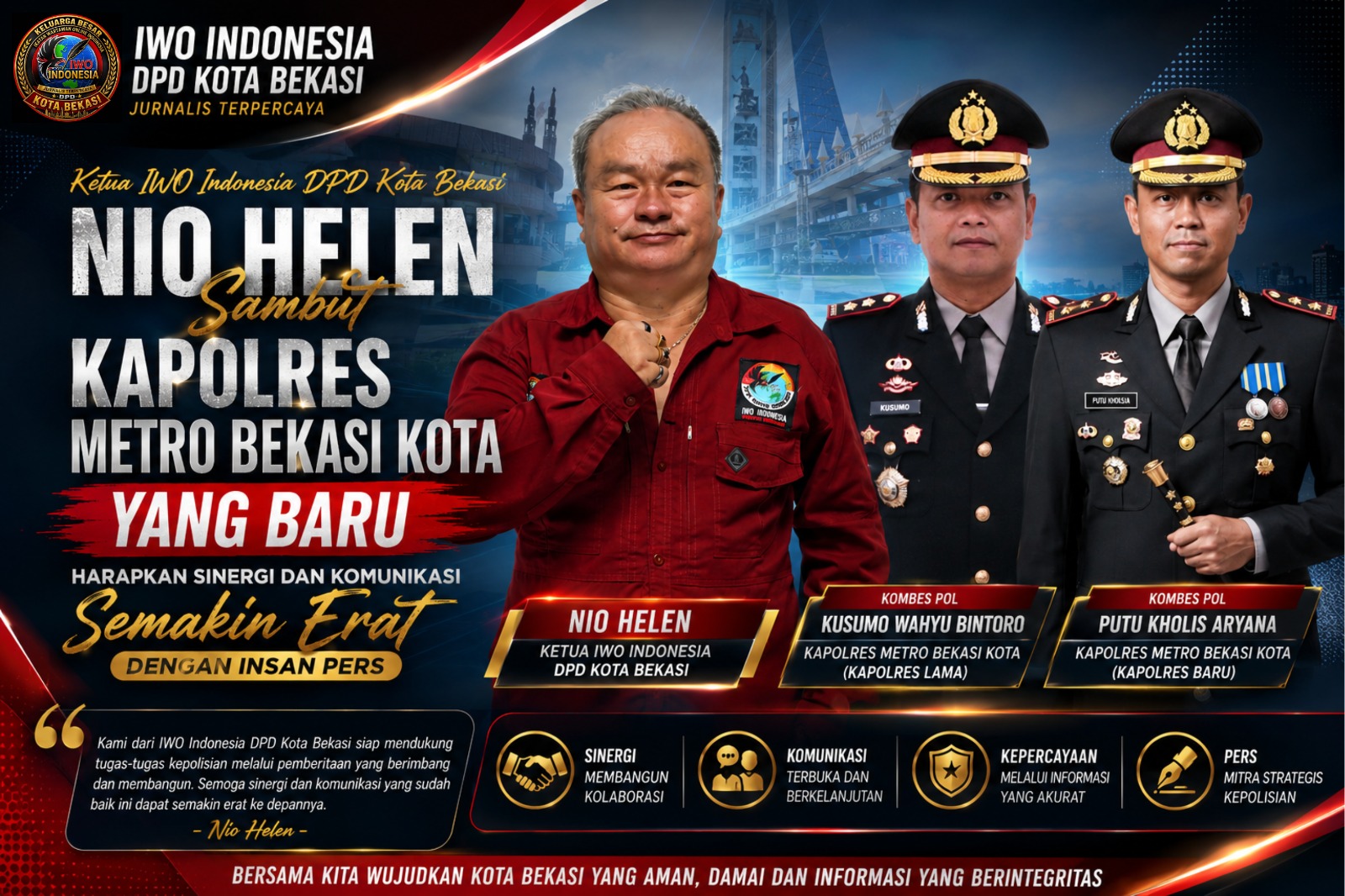 Ketua IWO Indonesia DPD Kota Bekasi, Nio Helen : Sambut Kapolres Metro Bekasi Kota yang Baru, Harapkan Sinergi dan Komunikasi Semakin Erat dengan Insan Pers